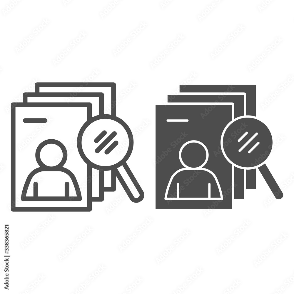 Poster candidate search line and solid icon. applicant forms stack and loupe outline style pictogram on whi