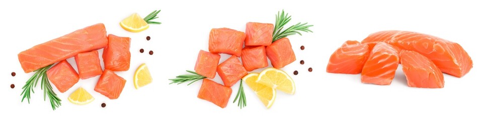 raw salmon piece cube with rosemary and peppercorn isolated on white background close up. Set or collection