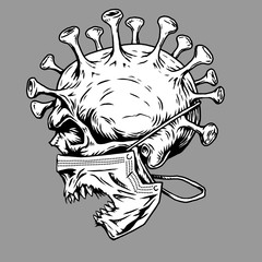 Skull face in medical face mask. Vector illustration. Corona virus quarantine 2019-nCoV Concept for print poster shirt, desing tattoo, sigh.