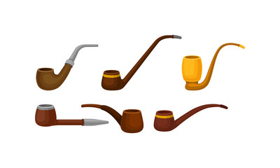 Tobacco Pipes Made of Wood and Metal Vector Set