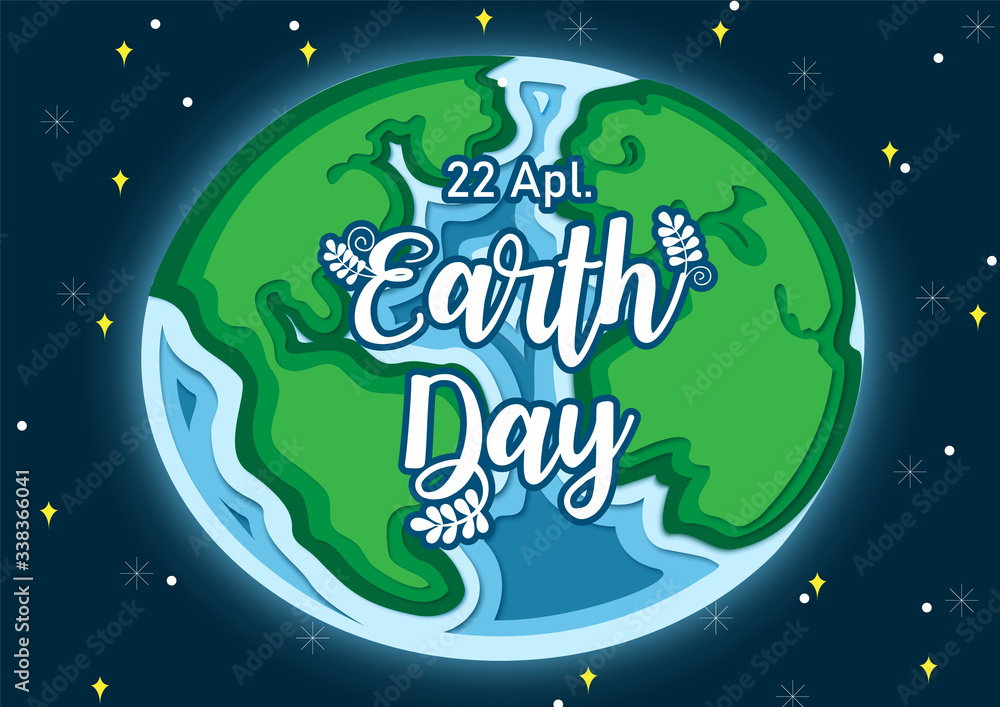 Aufkleber white wording of earth day on globe in 3d layer style and on space background. earth day poster camp