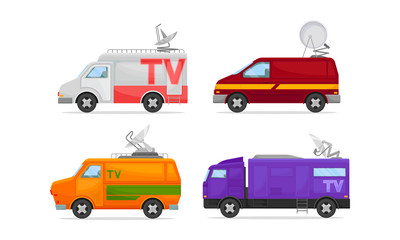 Broadcasting Cars with Satellite Dish on the Roof Vector Set