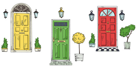 collection of British traditional home entrance doors , vector sketch - 338366408