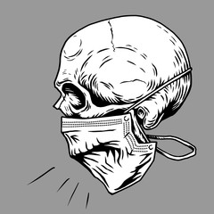 Skull face in medical face mask. Vector illustration. Corona virus quarantine 2019-nCoV Concept for print poster shirt, desing tattoo, sigh.