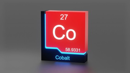 Cobalt, periodic table element 3D animation, modern educational red icon with blue neon light	