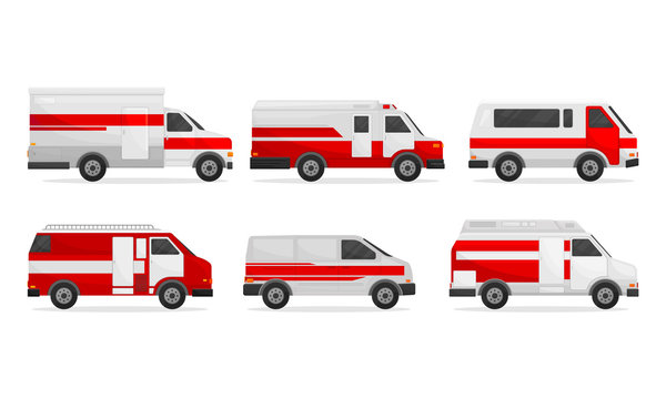 Ambulance Car with Red and White Colors Vector Set