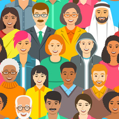 Crowd of people of different races, gender and age. Flat seamless pattern. Global community concept. Idea of human diversity, togetherness and communication. Happy cheerful friendly faces