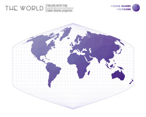 Fototapeta na wymiar Low poly design of the world. Baker Dinomic projection of the world. Purple Shades colored polygons. Elegant vector illustration.