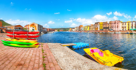 Panoramic cityscape of Bosa town on Temo river