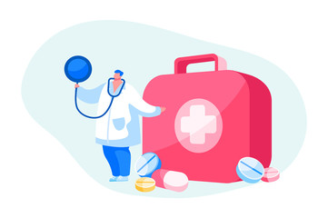 Doctor or Nurse Character in Robe with Stethoscope Stand at Medical Toolbox with Cross Help Diseased Patient. Clinic, Hospital Healthcare Staff at Work, Online Medicine. Cartoon Vector Illustration