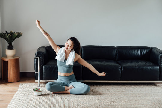 young asian beauty woman doing yoga at home