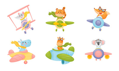 Cute Animals Wearing Aviator Goggles Flying an Airplane with Scarf Fluttering Behind Vector Set