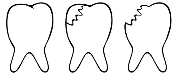 The teeth are healthy, cracked and broken. Set of vector icons. Contour on an isolated background. Dental care. Medical topics. Sketch. Doodle style. Hand-drawn. Illustration for web design.