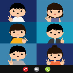 Work from home, Business team using laptop for online meeting in conference video call. People at home in quarantine. Character Cartoon Vector illustration