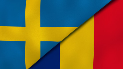 The flags of Sweden and Romania. News, reportage, business background. 3d illustration