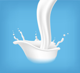 Splash milk, organic milk, fresh product, isolated blue background vector illustration