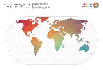 Low poly world map. Natural Earth projection of the world. Spectral colored polygons. Modern vector illustration.