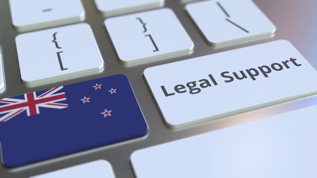Legal Support text and flag of New Zealand on the computer keyboard. Online legal service related 3D animation