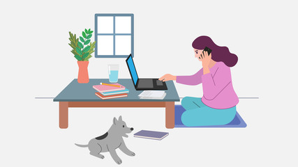 Woman and dog. Work From Home with a Notebook, Smartphone and Documents. Stop Virus epidemic outbreak. Reduce the epidemic concept.  Flat Design Illustration