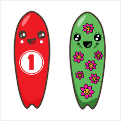 Surfboards, boy and girl. blue and pink colors. Kawaii illustration.