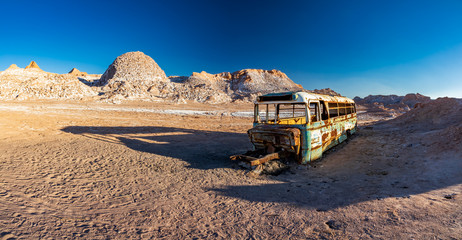 Panorama of abandoned bus in the desert of Atacama, Chile