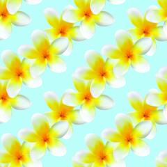 Vector seamless pattern of light yellow plumeria flowers. The flowers are made in a realistic style using the gradient mesh technique. Great for scrapbooking and abstract floral backgrounds.