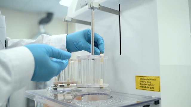 professional scientist worker making tablet dissolution test. spbas scientist putting pills in machine. concept quality control and coronavirus. pharmaceutical industry, drug dissolution testing.