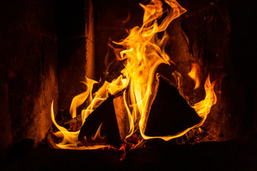 Bonfire burns brightly in the fireplace firewood close-up. Macro photo.