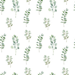 Obraz premium Beautiful seamless pattern with watercolor foliage. Hand painted illustration. Green branches and leaves. Best for background, wallpaper, wrapping paper, textile, bedding fabric, prins, fashion design