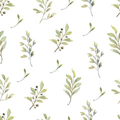 Beautiful seamless pattern with watercolor foliage. Hand painted illustration. Green branches and leaves. Best for background, wallpaper, wrapping paper, textile, bedding fabric, prins, fashion design