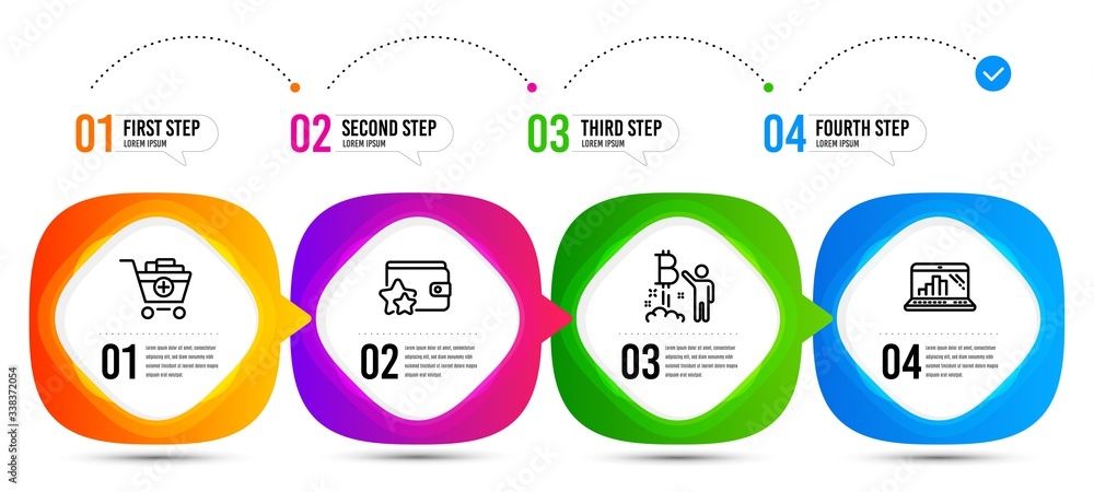 Poster loyalty program, graph laptop and bitcoin project line icons set. timeline steps. add products sign.