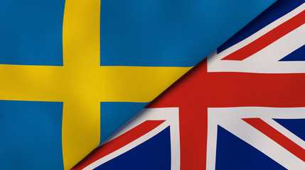 The flags of Sweden and United Kingdom. News, reportage, business background. 3d illustration