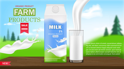 Milk box and splash milk realistic, organic white box and realistic glass, package mock up, farm products, landscape background vector illustration