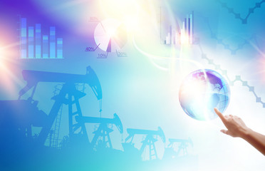 Finger of human hand pointing to planet earth. Epidemic blue science background with Oil pumps and derricks over infographic background. Vector illustration.