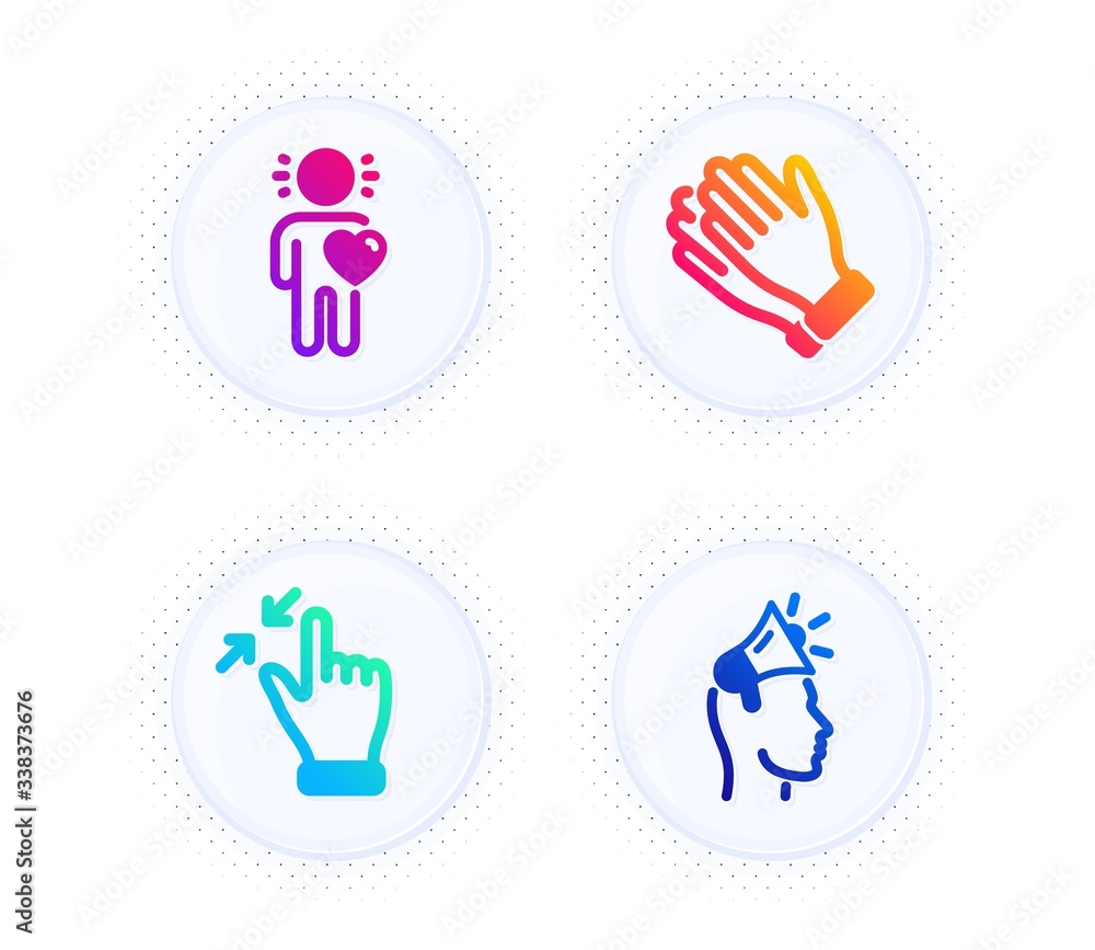 Poster clapping hands, friend and touchscreen gesture icons simple set. button with halftone dots. brand am