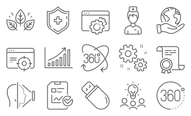 Set of Science icons, such as Doctor, Medical shield. Diploma, ideas, save planet. Usb stick, Seo gear, Work. Report checklist, Seo targeting, 360 degrees. Vector