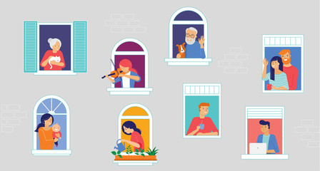 Stay at home, COVID-19 pandemic concept design. House facade with open windows. Different types of people looking out and communicating with their neighbors. Self isolation, quarantine during