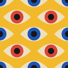Seamless pattern with minimal 20s geometric design with eyes, vector template with primitive shapes elements