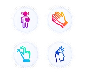 Clapping hands, Friend and Touchscreen gesture icons simple set. Button with halftone dots. Brand ambassador sign. Clap, Love, Zoom out. Megaphone. People set. Vector