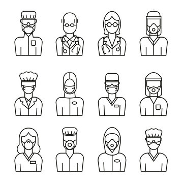 A set of vector medical avatars of doctors and nurses in protective medical clothes with masks. Coronavirus epidemic illustration for flyer, poster design. 