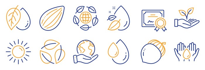 Obraz premium Set of Nature icons, such as Mineral oil, Sun. Certificate, save planet. Almond nut, Water drop, Leaves. Oil drop, Safe water, Acorn. Eco organic, Helping hand line icons. Vector