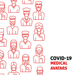 A vector design with medical avatars of doctors and nurses in protective medical clothes with masks. Coronavirus epidemic illustration for flyer, poster template. 