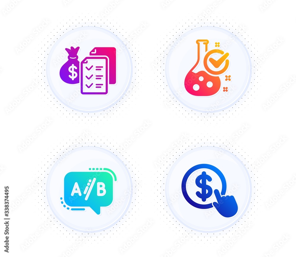 Poster ab testing, accounting wealth and chemistry lab icons simple set. button with halftone dots. buy cur