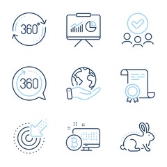 Presentation, Bitcoin system and 360 degrees line icons set. Diploma certificate, save planet, group of people. Targeting, Full rotation and Animal tested signs. Vector