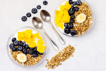 Bowls of Muesl and Yogurt with Berry and Mango Healthy Breakfast Diet Food