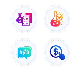 Ab testing, Accounting wealth and Chemistry lab icons simple set. Button with halftone dots. Buy currency sign. Test chat, Audit report, Laboratory flask. Money exchange. Technology set. Vector