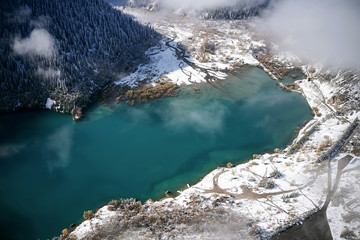 Aerial view of scenic winter landscape at Issyk Lake, Almaty, Kazakhstan