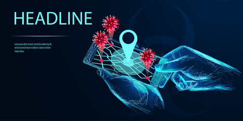COVID 19. Phone with the coronavirus tracking app installed. The medical mobile app concept. Low poly wireframe style. Vector