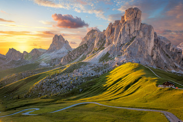 Amazing sunset landscape, alpine pass and high mountains - obrazy, fototapety, plakaty