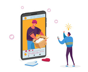 Online Parcel Unpacking Concept. Influencer Male Character Unboxing Purchase Recording Video for Internet Blog. Blogger, Vlogger Streaming, Video Product Review. Cartoon People Vector Illustration